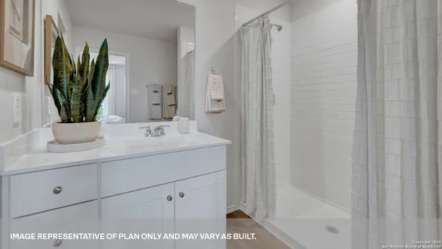 a bathroom with a sink a mirror and a shower curtain