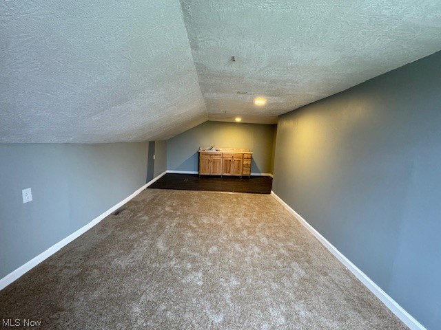 10264 Tallmadge Road Diamond, OH 44412 - Photo 25 of 32 Bonus room featuring a textured ceiling, dark colored carpet, and lofted ceiling