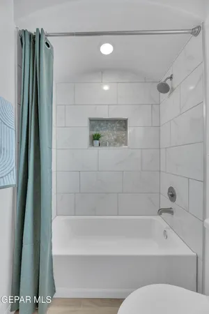 a bathroom with a bathtub and a shower
