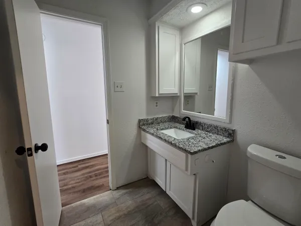 a bathroom with a granite countertop sink and a toilet