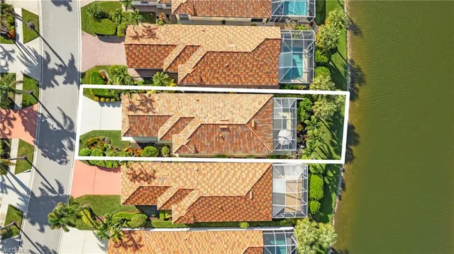 an aerial view of a house with a garden