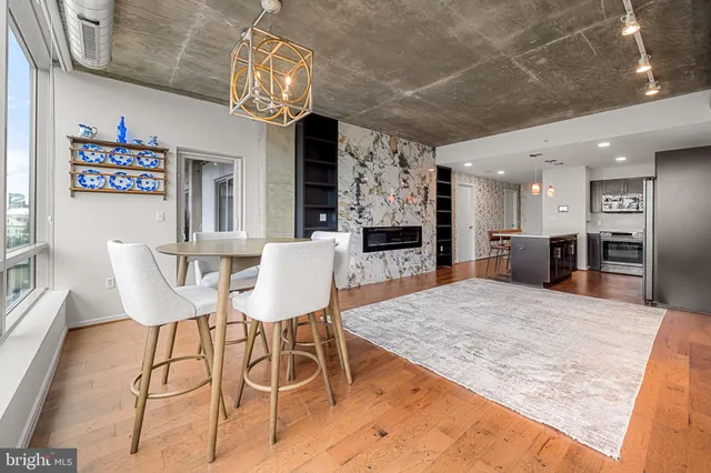 a view of a dining room with furniture