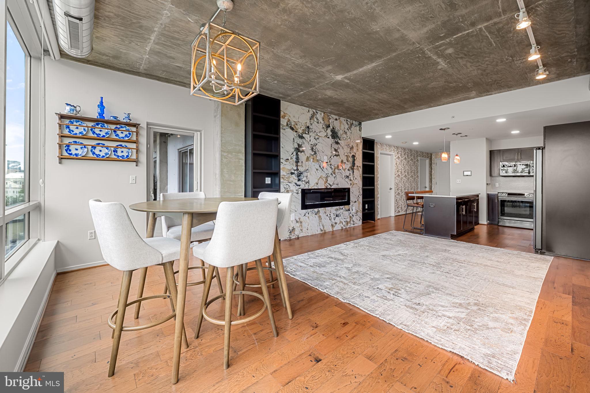 a view of a dining room with furniture