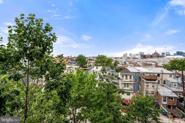 a city view with tall buildings
