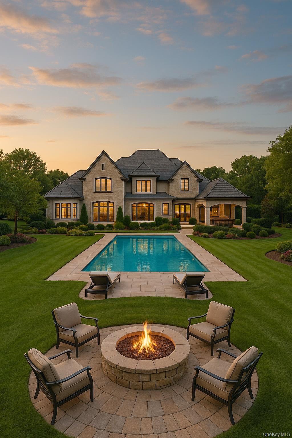a swimming pool with outdoor seating