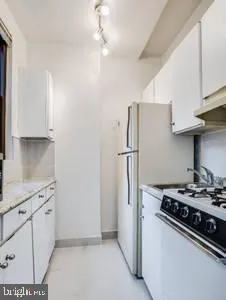 a kitchen with stainless steel appliances a refrigerator a sink and white cabinets