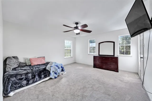 a living room with furniture a ceiling fan and a window