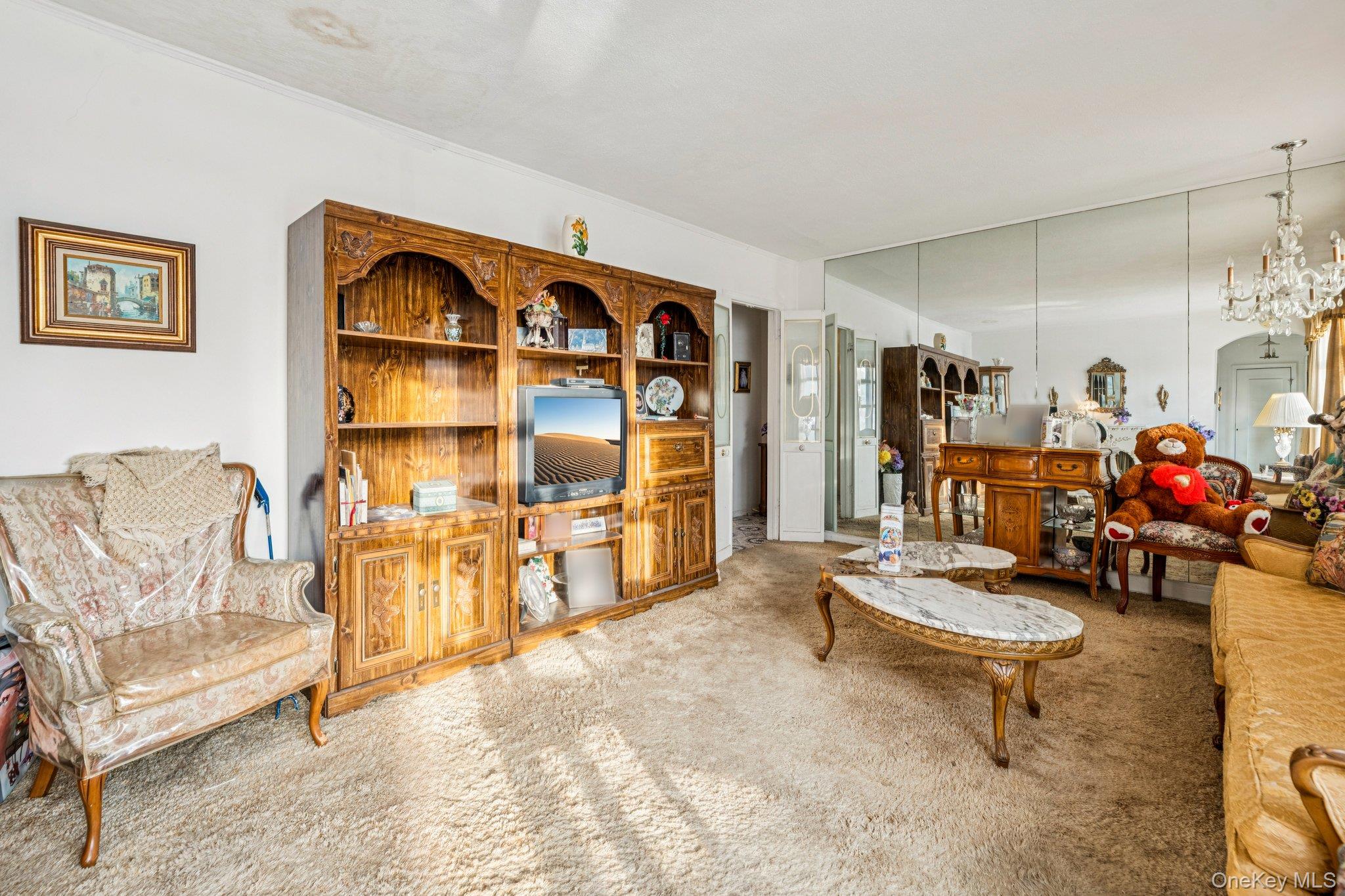 189 Surrey Commons Lynbrook, NY 11563 - Photo 6 of 14 Living room featuring carpet flooring and a chandelier
