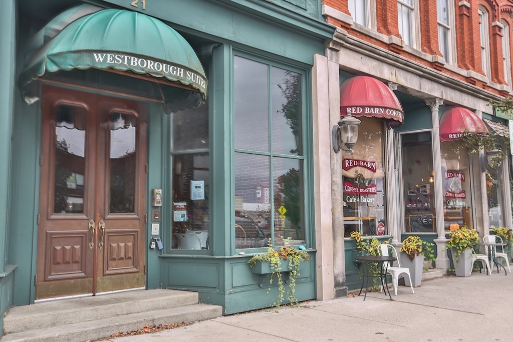 a view of a brick building with a large window