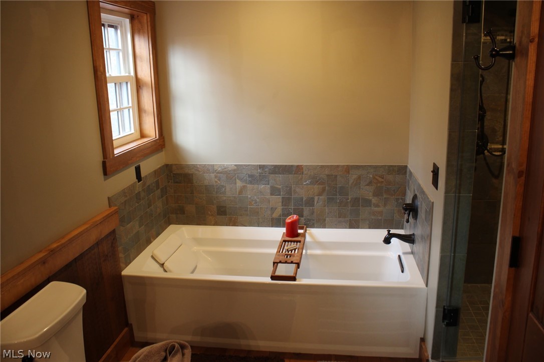 3989 Court Road Wakeman, OH 44889 - Photo 17 of 36 Bathroom featuring a garden tub, a shower stall, and a wainscoted wall