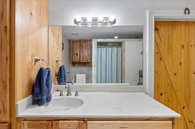 a bathroom with a sink and a mirror
