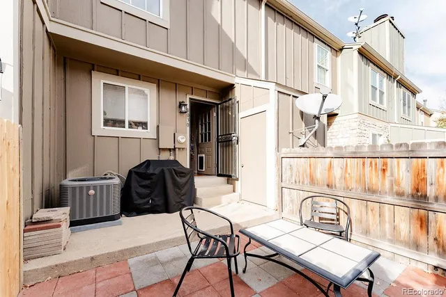 a building outdoor space with seating