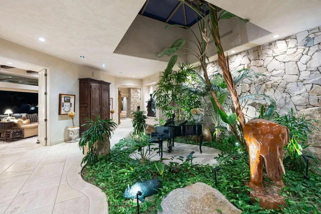 a garden view with a seating space