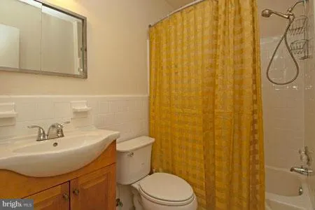 a bathroom with a sink a toilet and shower curtain