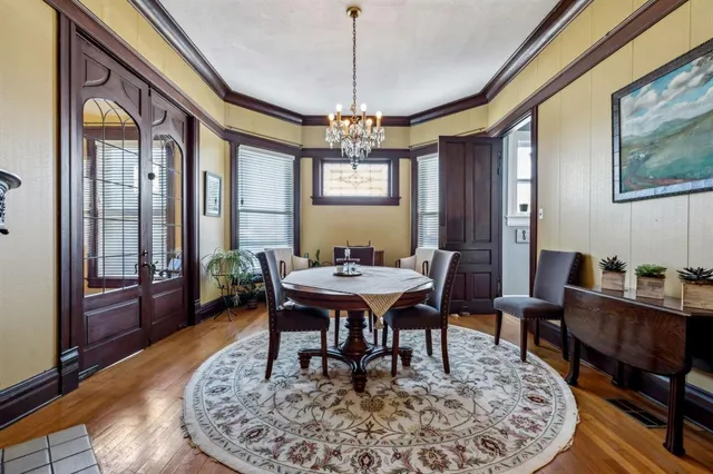 a view of a dining room with furniture