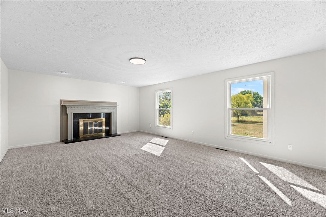 2236 Hartville Road Mogadore, OH 44260 - Photo 10 of 50 Unfurnished living room with carpet floors, a textured ceiling, and a glass covered fireplace