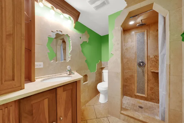 a bathroom with a granite countertop sink toilet and shower