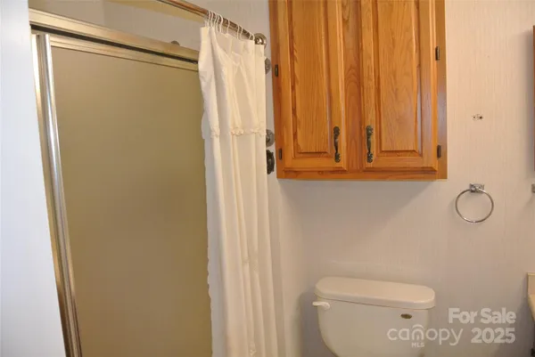 a bathroom with a toilet a sink and a shower curtain