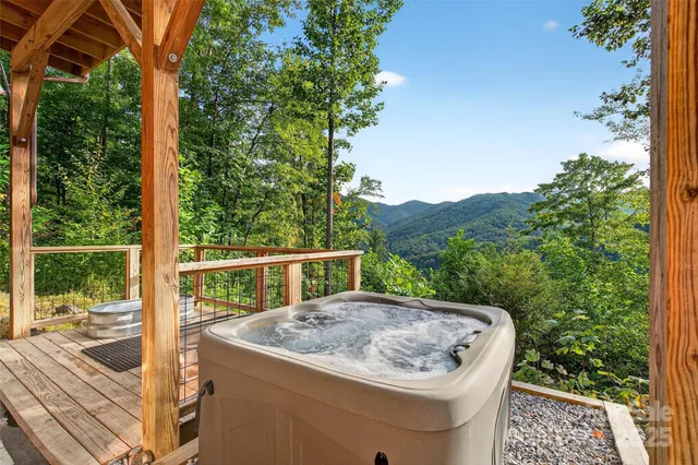 a view of a balcony with mountain view