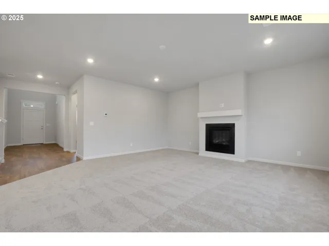 a view of empty room with a fireplace