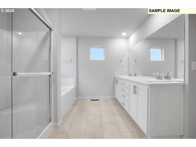 a bathroom with a double vanity sink a mirror and a shower