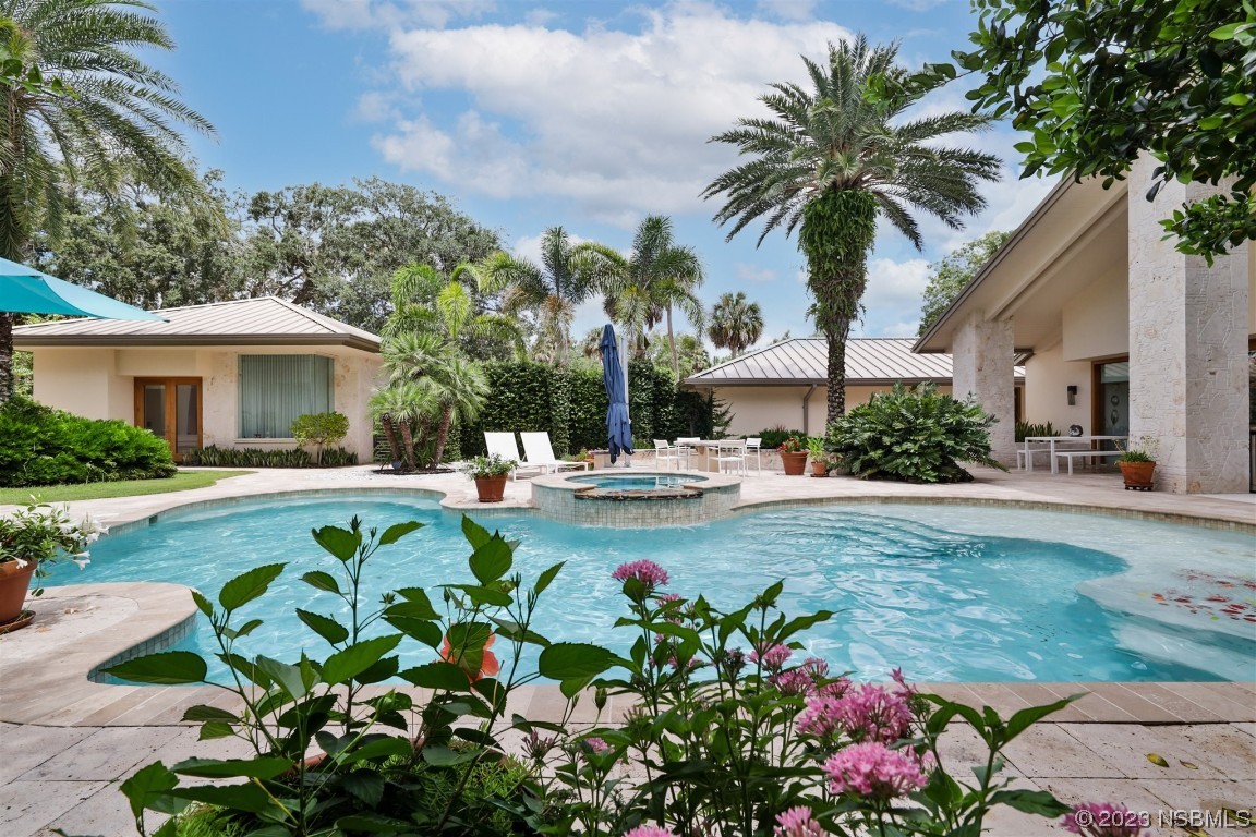 1006 South Riverside Drive Edgewater, FL 32132 - Photo 47 of 75 a view of a swimming pool with plants and palm trees