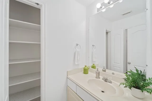 a bathroom with a sink vanity and a mirror