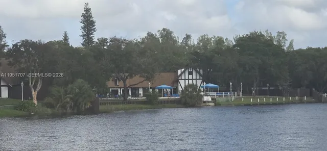 a view of a park with large trees