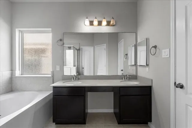 a bathroom with a sink double vanity and a mirror