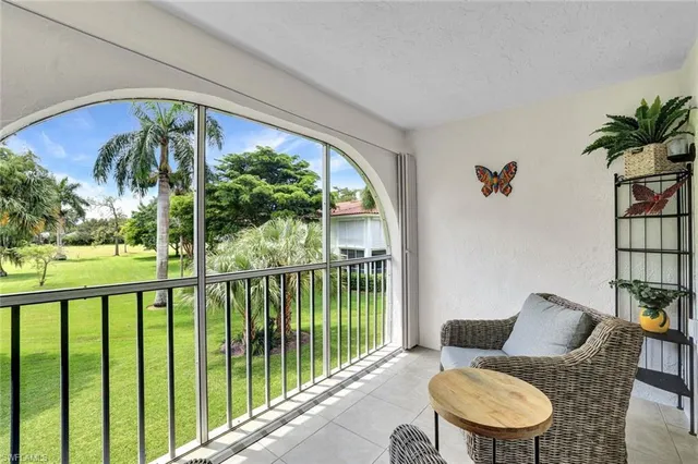 a living room with large trees and a potted plant