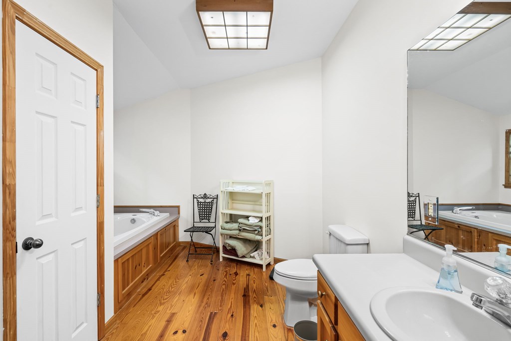 1628 Woods Valley Road Young Harris, GA 30582 - Photo 22 of 36 a spacious bathroom with a granite countertop toilet a sink and a mirror