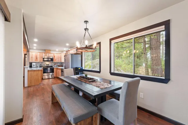 a view of a dining room with furniture window and wooden floor