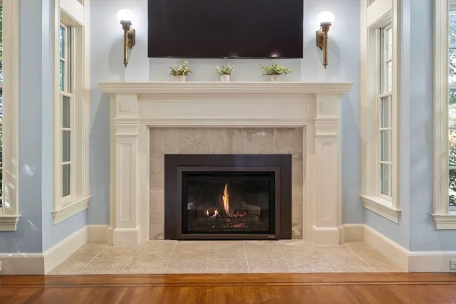 a living room with a fireplace