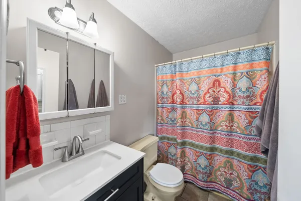a bathroom with a sink a toilet a mirror and shower curtain