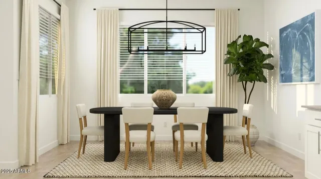 a dining room with furniture and window