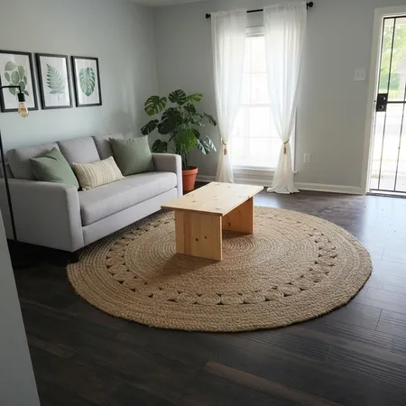 a living room with furniture and a potted plant