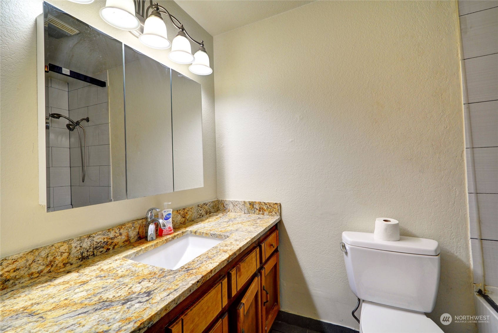 16913 29th Drive Southeast Bothell, WA 98012 - Photo 9 of 17 a bathroom with a granite countertop sink and a mirror