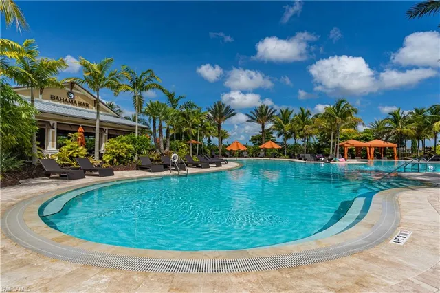 a view of a swimming pool with a yard