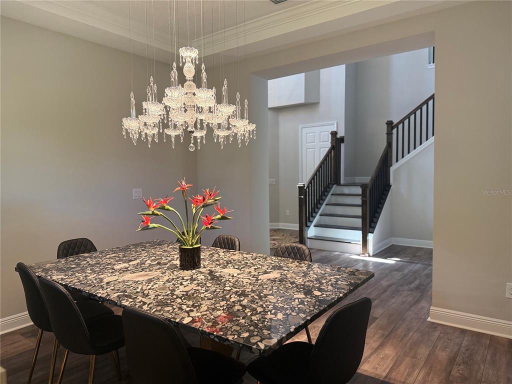 7004 Mainland Avenue Apollo Beach, FL 33572 - Photo 16 of 67 a dining room with furniture a chandelier and wooden floor