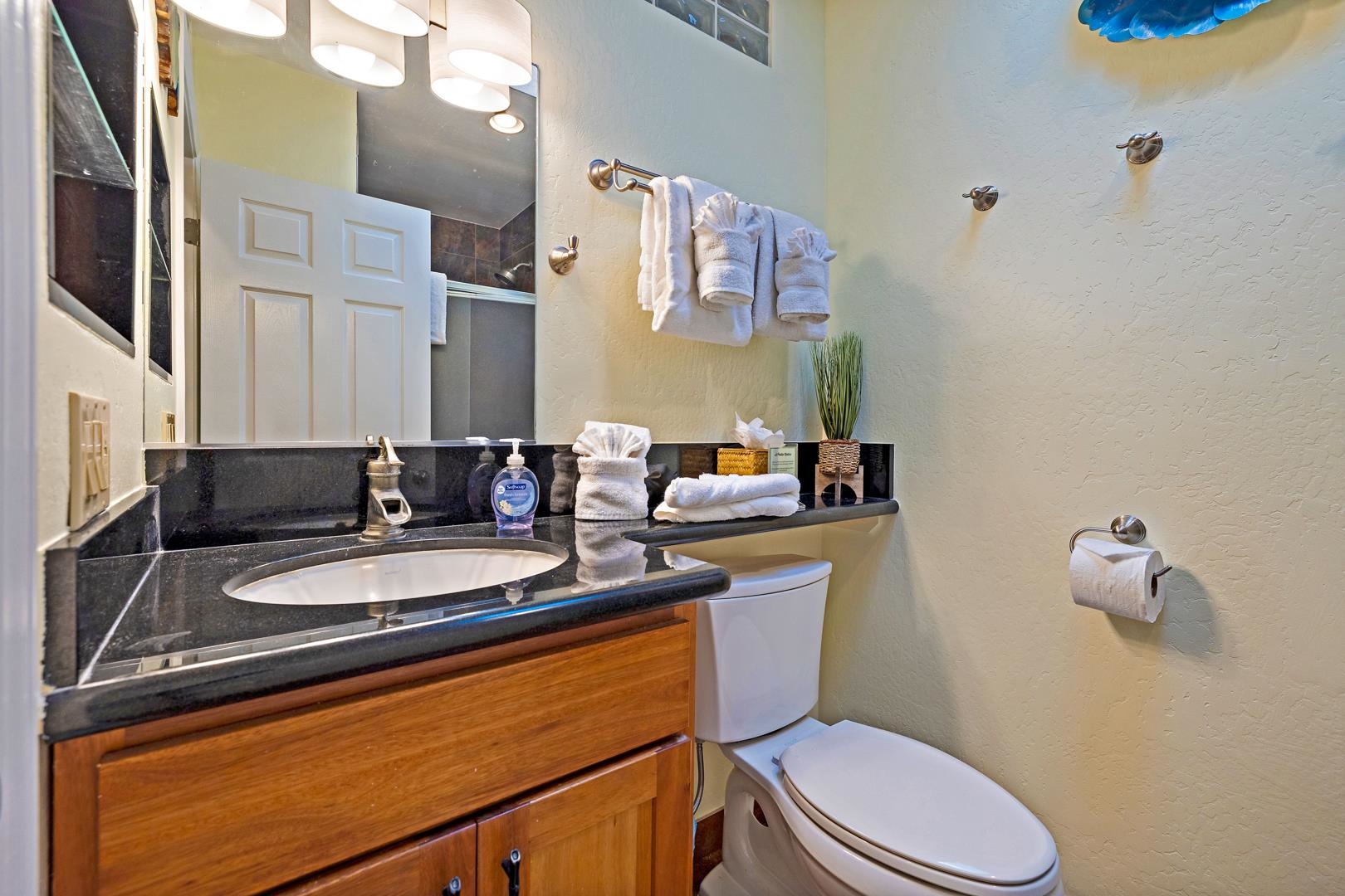 4909 Lower Honoapiilani Road, Unit E5 Lahaina, HI 96761 - Photo 25 of 28 a bathroom with a granite countertop toilet sink and mirror