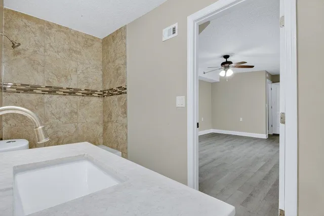 a bathroom with a bathtub