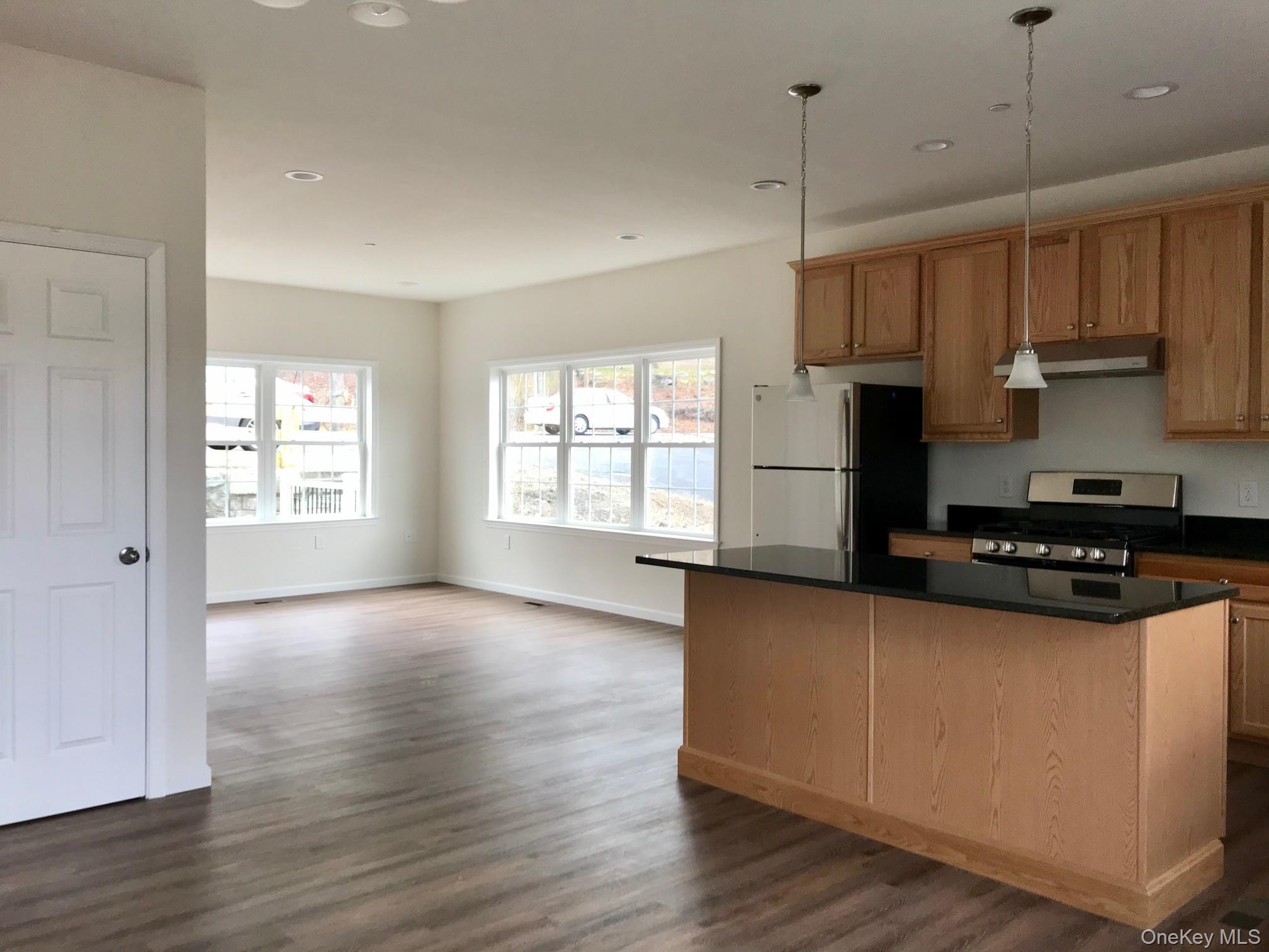 1004 North Division Street, Unit B Peekskill, NY 10566 - Photo 12 of 17 Kitchen featuring appliances with stainless steel finishes, hanging light fixtures, dark wood finished floors, a center island, and under cabinet range hood
