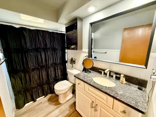 a bathroom with a sink a toilet a mirror and vanity