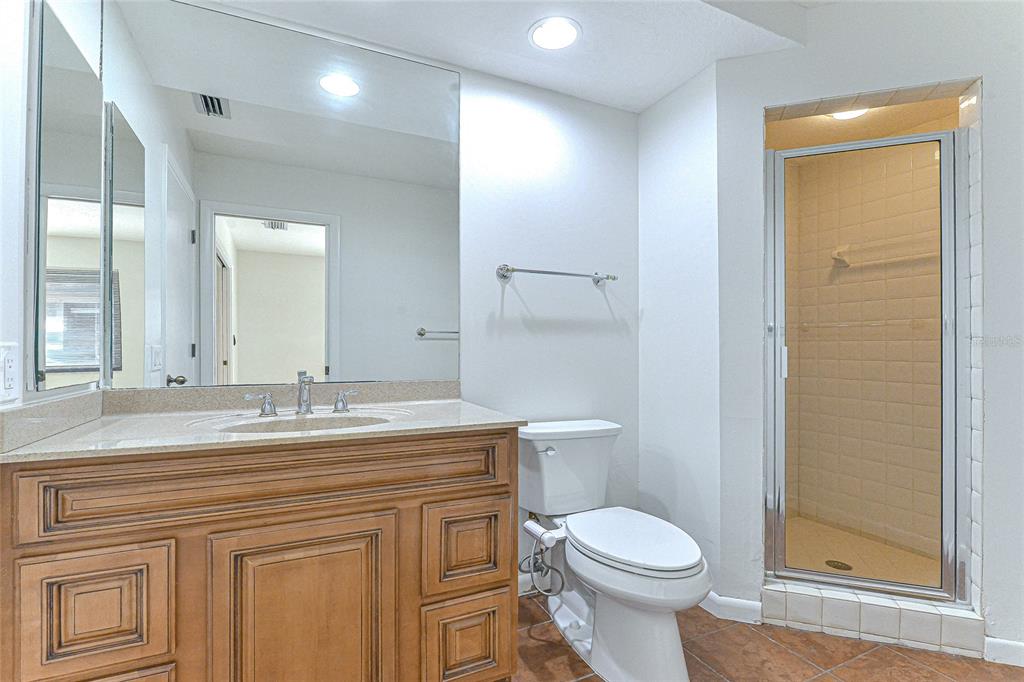 5355 Cobblestone Court Wesley Chapel, FL 33543 - Photo 39 of 54 a bathroom with a granite countertop toilet sink and mirror