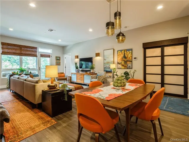 a view of a dining room with furniture