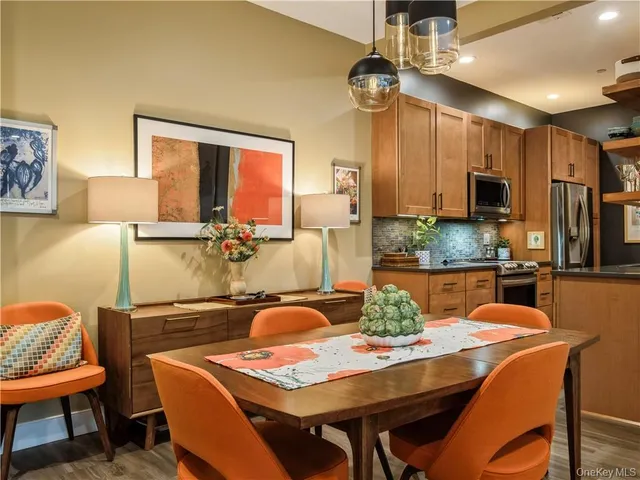 a view of a dining room with furniture