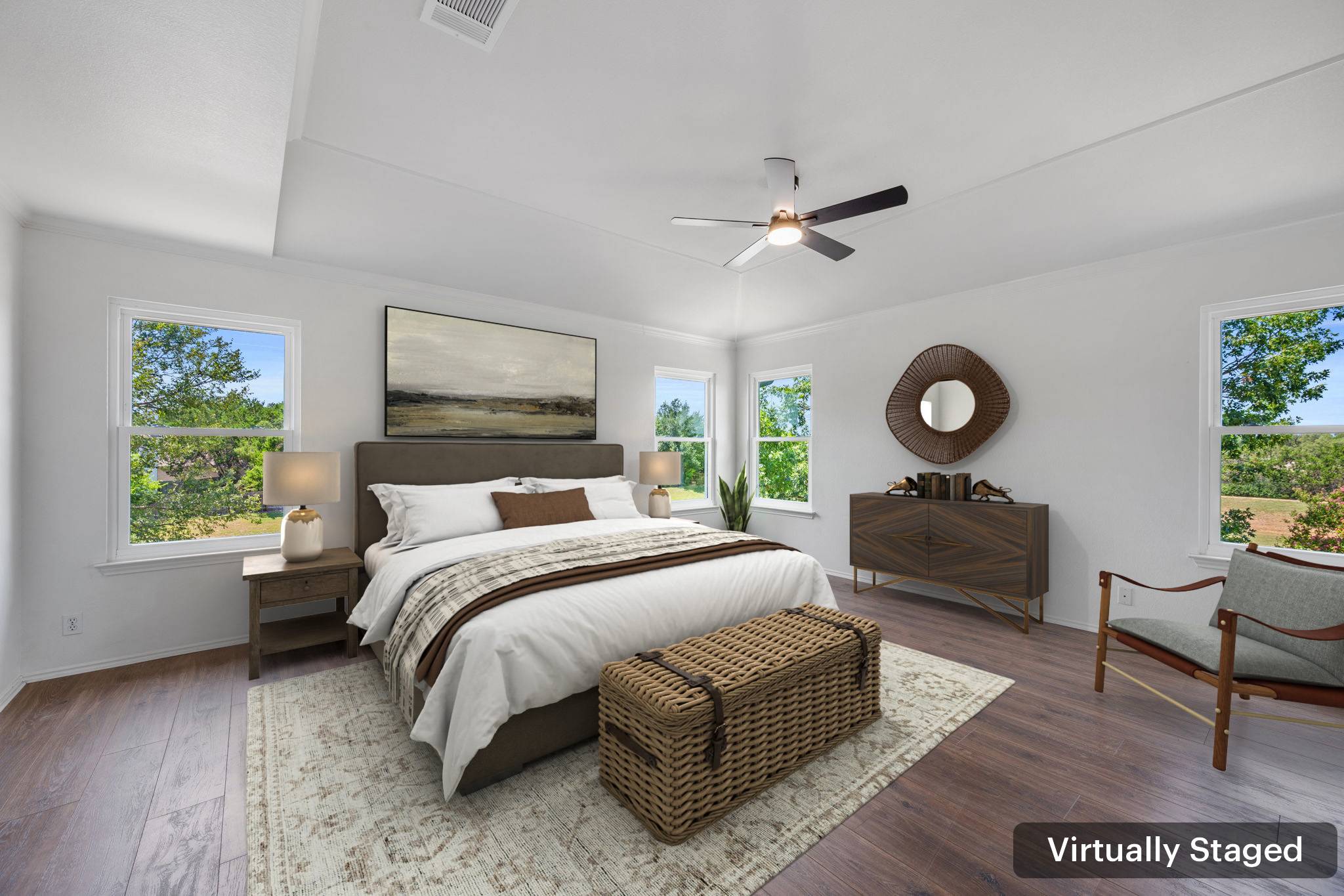 2440 Madeline Loop Cedar Park, TX 78613 - Photo 16 of 33 Bedroom featuring multiple windows, dark wood-type flooring, and ceiling fan
