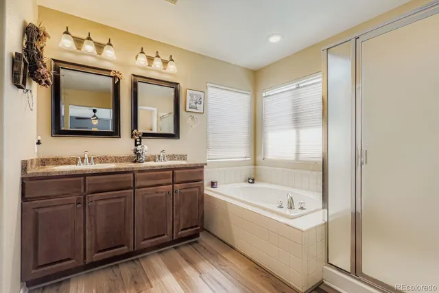 a bathroom with a tub sink and mirror