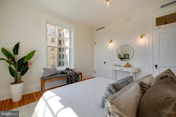 a living room with furniture a potted plant and a large window
