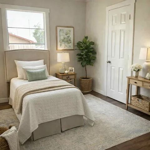 a bedroom with a bed and a potted plant